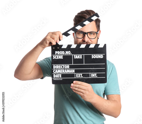 Bearded man with movie clap...