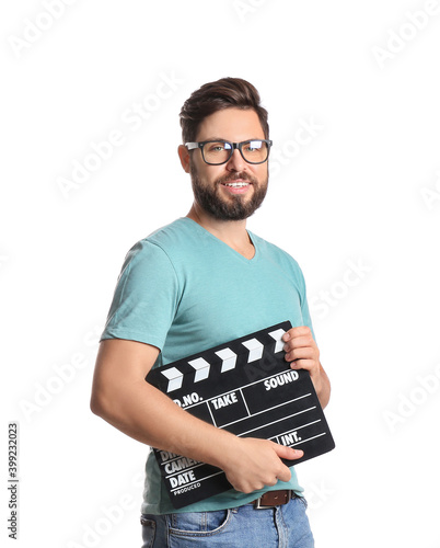 Bearded man with movie clap...