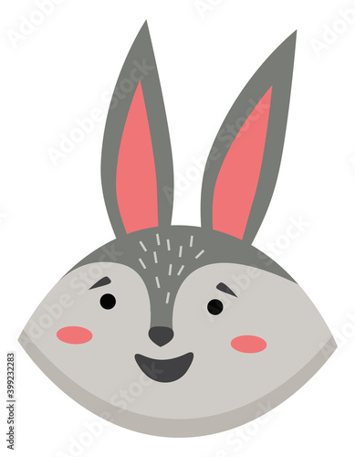 Cartoon portrait of the gray hare isolated on white. Cute rabbit with long ears sticking up flat vector illustration. Muzzle of wild animal icon. Forest inhabitant head one object. Emoji funny animal
