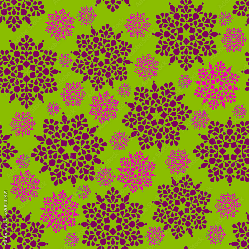 Seamless pattern with colorful snowflakes on a green background for fashion prints, fabrics, wrapping paper, textiles, linens.	
