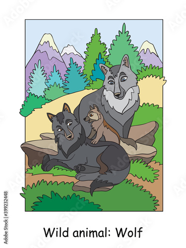 Children colorful wolf vector illustration for coloring