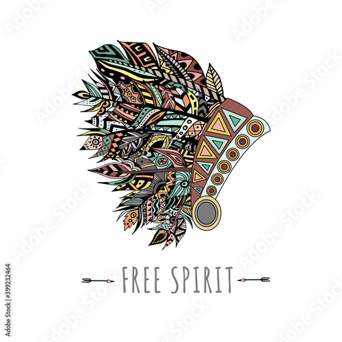 Tribal feather headdress poster isolated on white background.