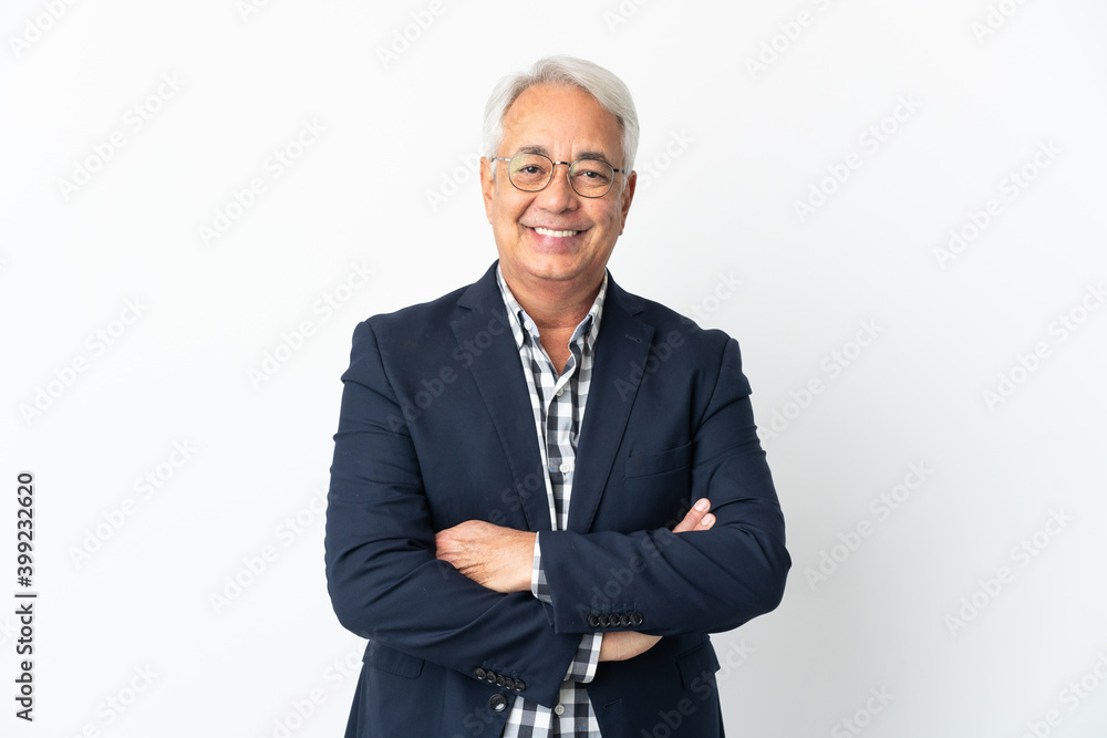 Middle age Brazilian man isolated on white background keeping the arms crossed in frontal position Middle age Brazilian man isolated on white background keeping the arms crossed in frontal position
