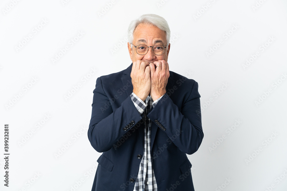 Middle age Brazilian man isolated on white background nervous and scared putting hands to mouth Middle age Brazilian man isolated on white background nervous and scared putting hands to mouth