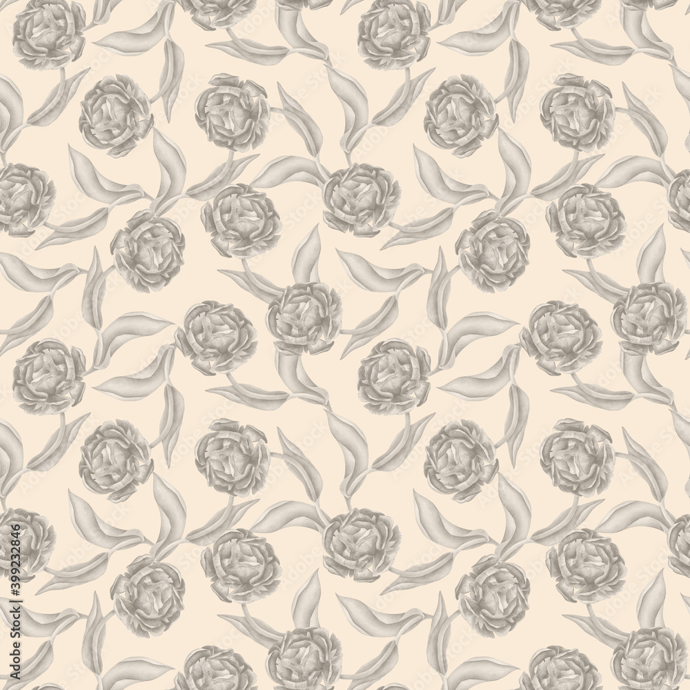 Seamless pattern with monochrome flowers and leaves. Hand drawn peonies and roses, floral branches on beige background. Botanical texture for wallpaper, print, invitations, banners, cards, wrapping