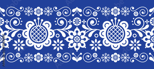 Scandinavian folk art retro vector long pattern, floral ornament in white on navy blue - seamless stripe stripe
