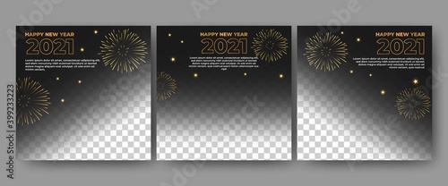 Set of editable square banner template. Black background with fireworks shape. Usable for social media post and web internet ads. Flat design vector with photo collage