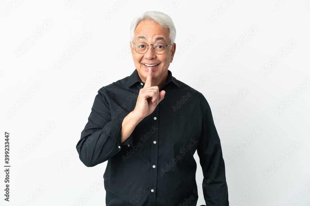 Middle age Brazilian man isolated on white background showing a sign of silence gesture putting finger in mouth Middle age Brazilian man isolated on white background showing a sign of silence gesture putting finger in mouth