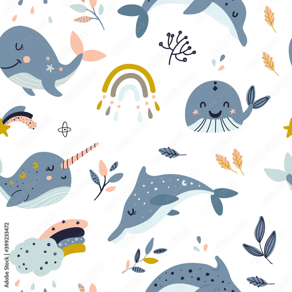 Seamless pattern with celestial whales.