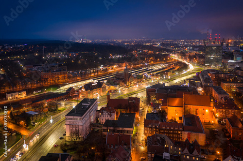 Aerial view of the Gdansk city at dusk, Poland