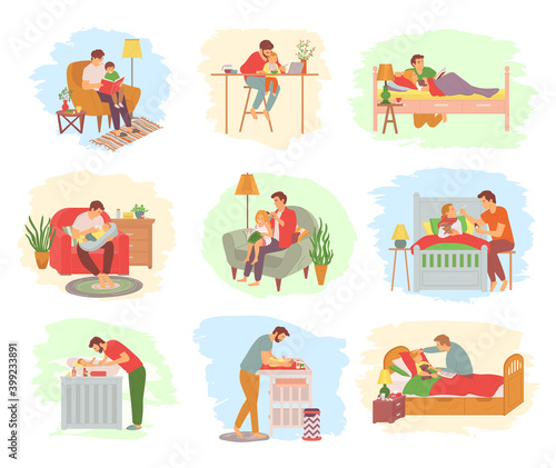 Daddy spending time with child vector, father feeding newborn kid and washing it, sickness care and treatment of kiddo, brushing hair of daughter, concept for Father day