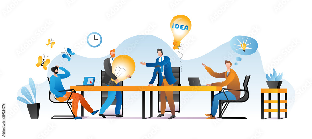 Business team at work meeting, make creative teamwork idea with people group vector illustration. Brainstorming communication at office design. Businessman woman worker create flat startup. Business team at work meeting, make creative teamwork idea with people group vector illustration. Brainstorming communication at office design. Businessman woman worker create flat startup.