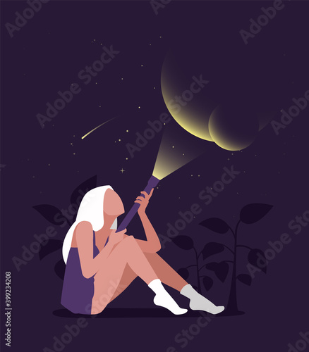 Young female character sitting and holding a flashlight and illuminate dots. Flat editable vector illustration, clip art