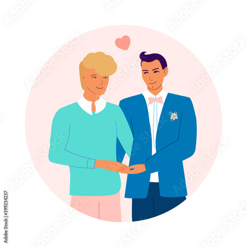 Gay newlyweds holding hands. gay couple. he concept of LGBT. Design for Valentine's Day, Wedding. Vector 