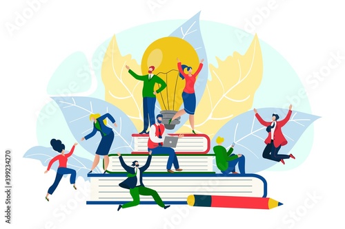 Creative person at business team happy with cartoon idea light bulb vector illustration. Businessman woman character in success teamwork concept. Flat innovation group solution for good work.