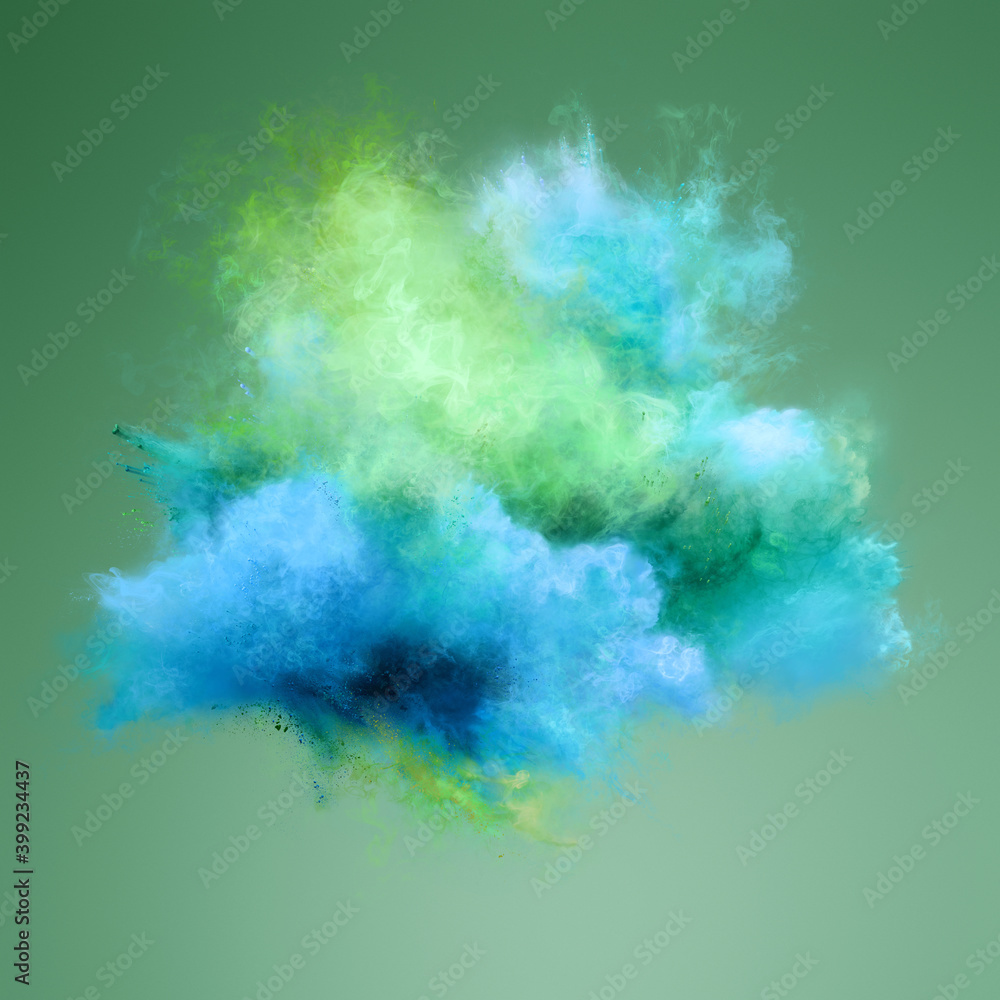 Color explosion of blue and green powder