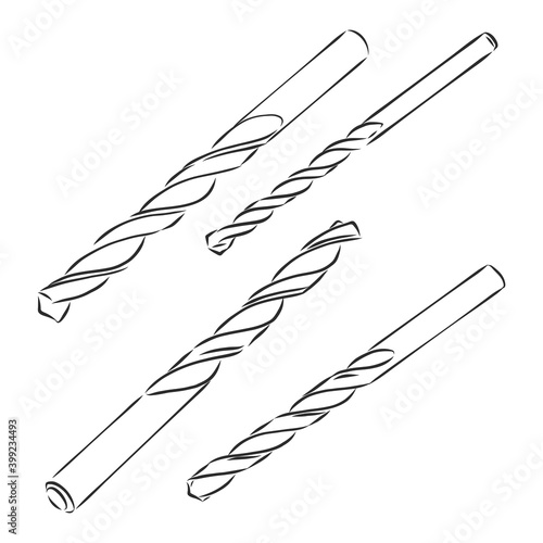Drills. Set of drilling tools for metal and wood. Sketch and illustration of augers. Vector technical drawing. Different shapes isolated on white. drill bit vector sketch illustration