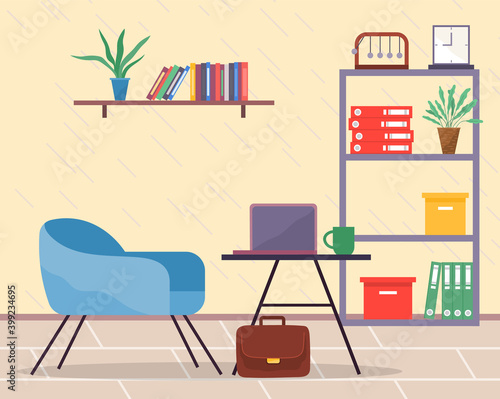 Workplace in office, interior with laptop at table, cup and comfortable chair, stand with folders, decorative elements, boxes, houseplant, clock, pendulum, suitcase, stylish design of office cabinet