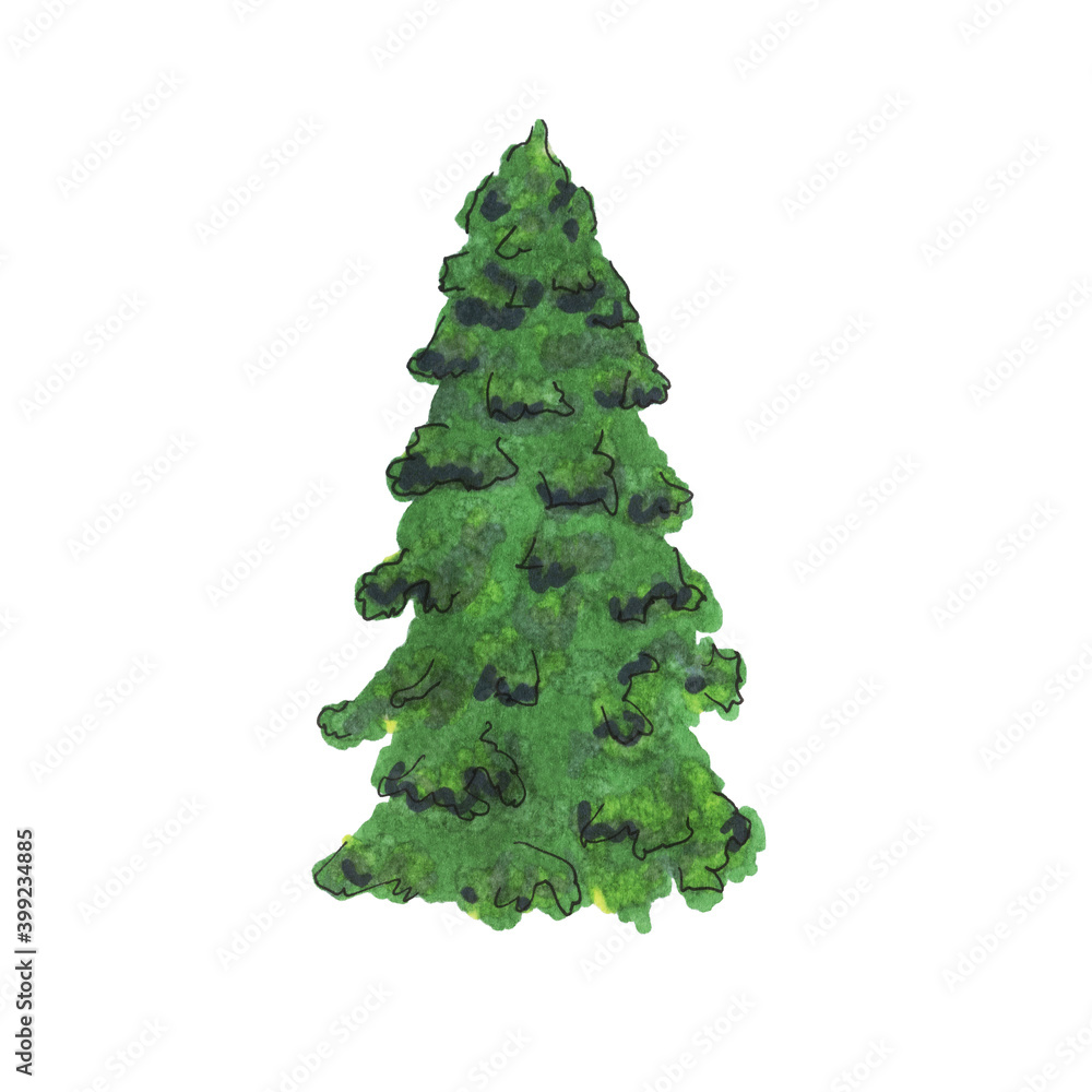 Hand drawn Christmas tree. Marker green fir tree illustrations. Christmas design element Hand drawn Christmas tree. Marker green fir tree illustrations. Christmas design element