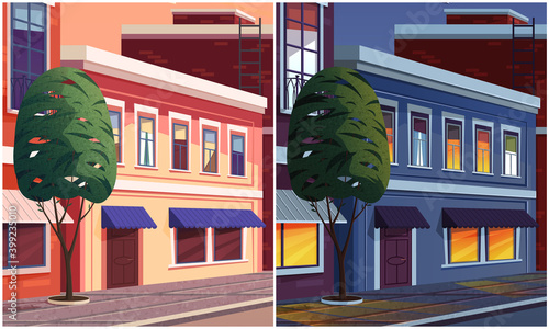 Street of town day and night time lighting, the historic urban area, street without passers-by. Cityscape with vintage brick buildings, asphalt road and pedestrian walkway cartoon illustration