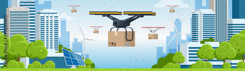 Delivery drone with the cardboard box flying over the town. Quadcopter carrying a package to customer. Technological shipment innovation. Drone delivery service .