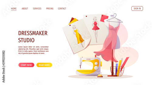 Sewing machine, mannequin, dress.  Sketches, fabric, pincushion. Fashion design, dressmaking, sewing workshop or courses, tailoring concept. Vector illustration for banner, advertising.
