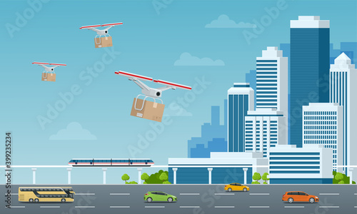 Delivery drone with the cardboard box flying over the town. Quadcopter carrying a package to customer. Technological shipment innovation. Drone delivery service .