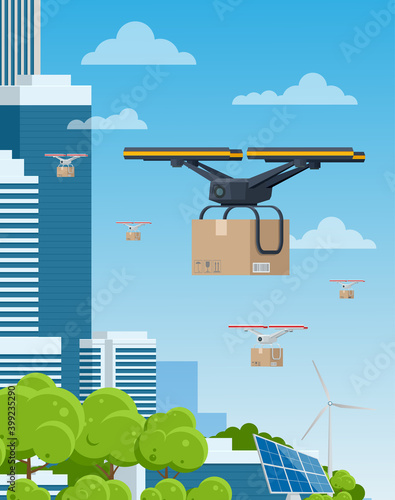 Delivery drone with the cardboard box flying over the town. Quadcopter carrying a package to customer. Technological shipment innovation. Drone delivery service .