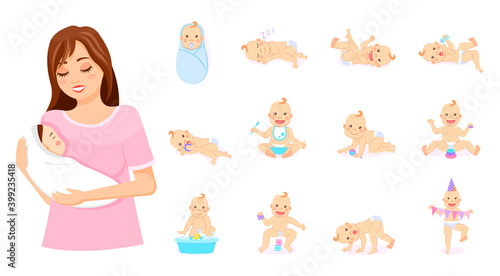 Mother with baby on hands. Set of babies in different poses, newborns, emotions of baby, motherhood. Sleeping, cheerful, with bottle, eating, creeping, with toys, folling around, celebrating babies