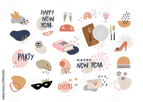 Set of hand drawn story highlights icons. Abstract geometric shapes with text and decorative objects. Happy New Year celebration. Lifestyle, food and party. Isolated vector icons. Flat design.