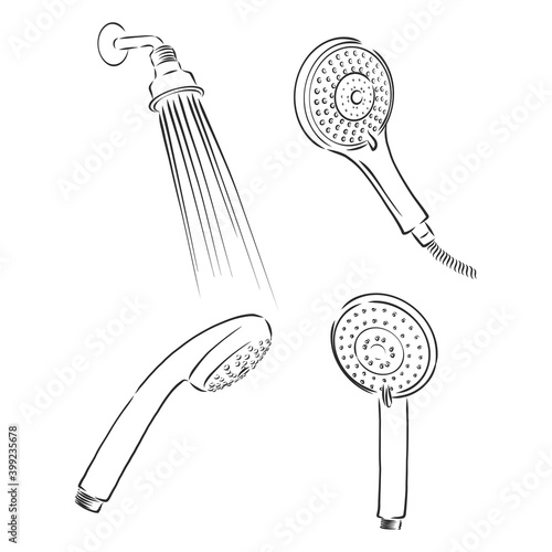 set of shower head with flowing water, doodle style, sketch illustration. shower vector sketch illustration