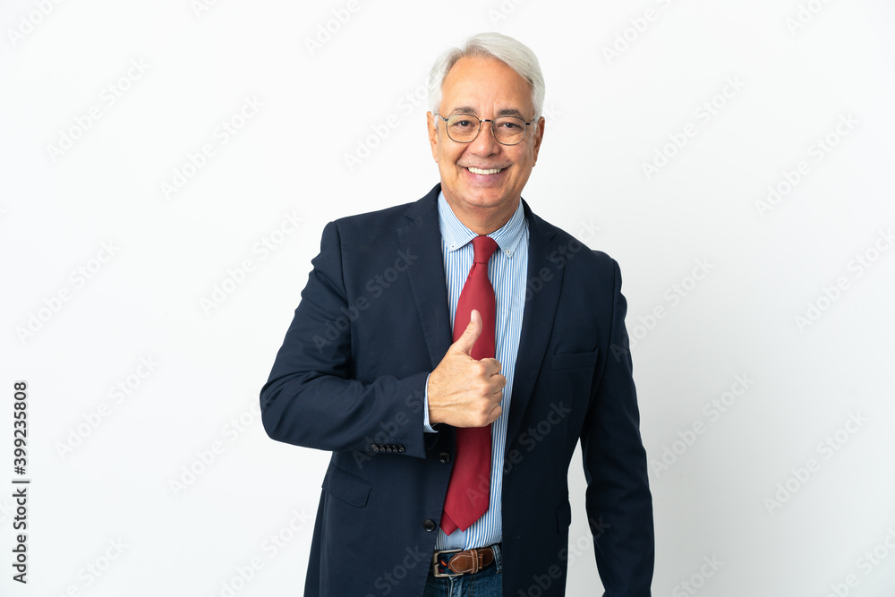 Middle age Brazilian business man isolated on white background giving a thumbs up gesture Middle age Brazilian business man isolated on white background giving a thumbs up gesture