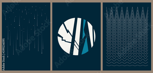 A set of three aesthetic vintage backgrounds with a grungy texture. Minimalistic posters for social media, web design. Sketchy illustrations with thin lines, gradients, geometric shapes.