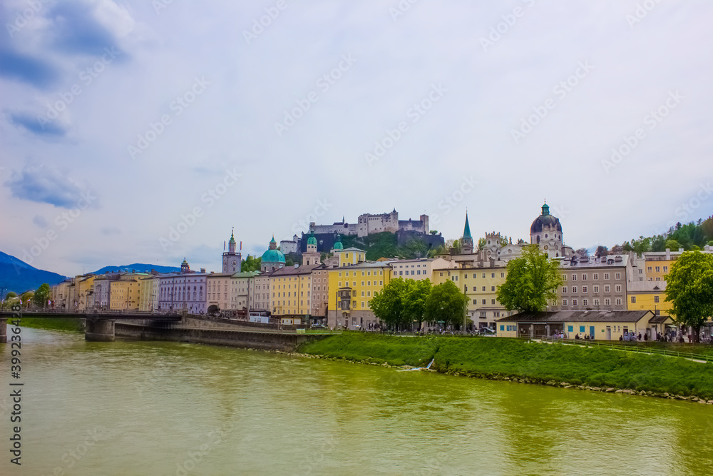 Beautiful view of Salzburg skyline with Salzach river in summer, Salzburg, Austria