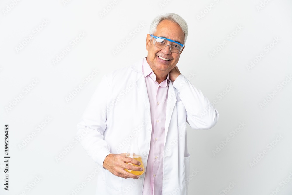 Middle age Brazilian scientific man scientific isolated on white background laughing