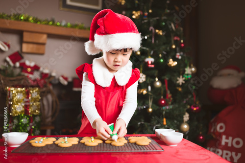 young girl decorating gingerbread man for celebrating  Christmas party © M-image