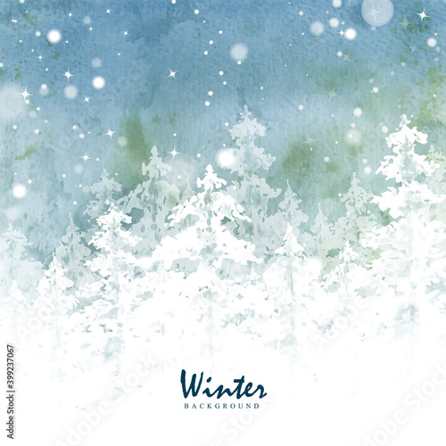 Winter christmas card of pine forest silhouette snowy