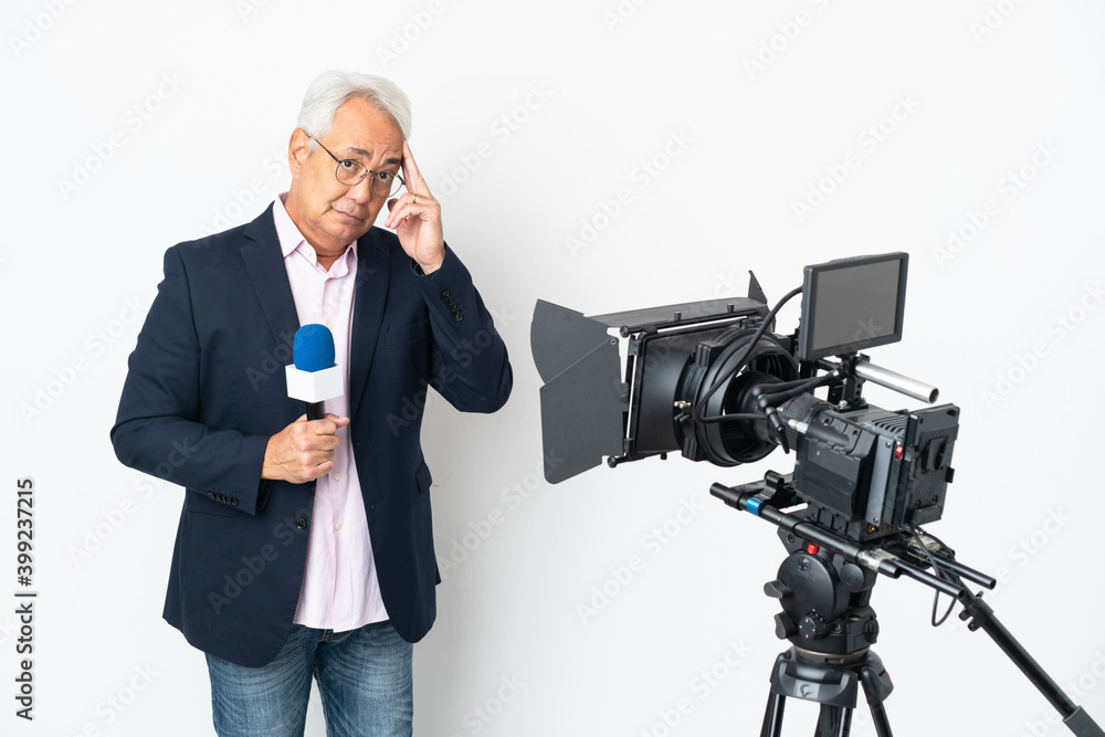 Reporter Middle age Brazilian man holding a microphone and reporting news isolated on white background thinking an idea