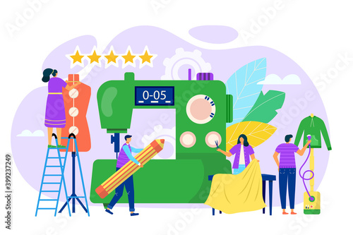 Fashion designer, sewing tailor dressmaker make craft work vector illustration. Flat clothing atelier at business workshop, people sew fabric at machine. Man woman work with material, creative job.