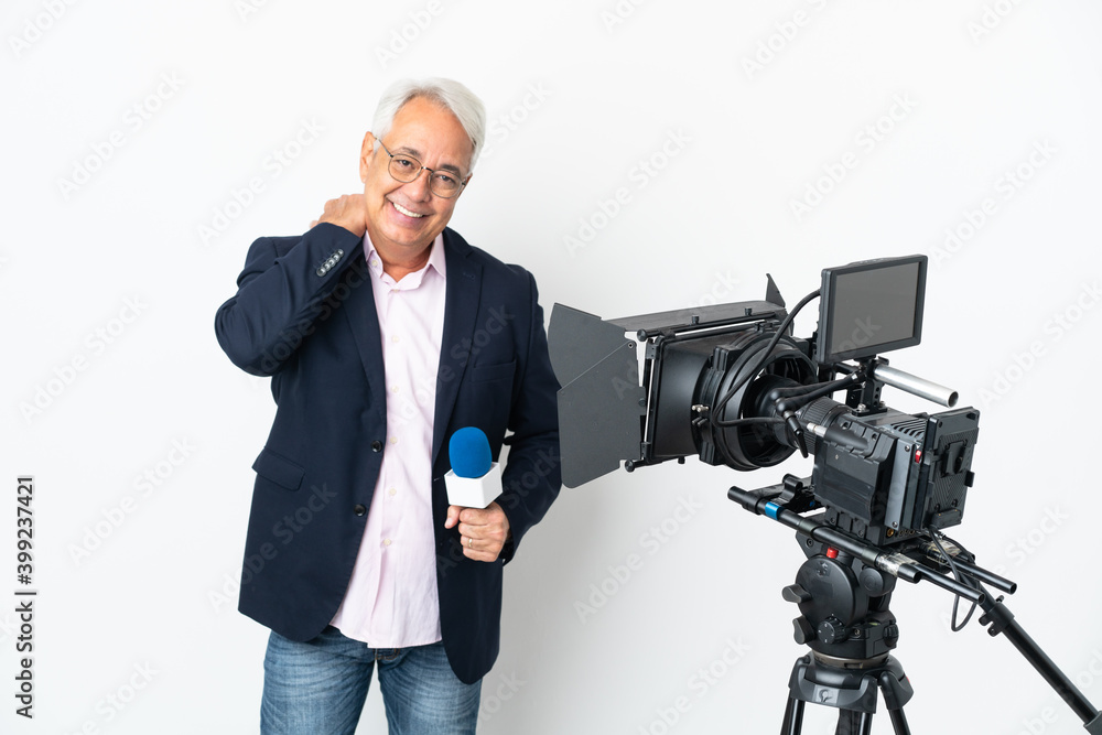 Reporter Middle age Brazilian man holding a microphone and reporting news isolated on white background laughing Reporter Middle age Brazilian man holding a microphone and reporting news isolated on white background laughing