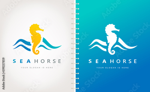 Seahorse and wave logo vector. Underwater design.