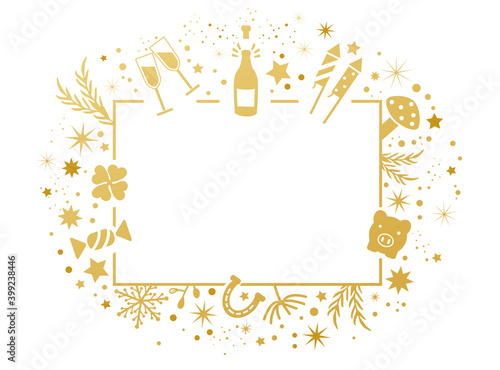 vector illustration of happy new year background with fireworks, champagne, stars, shamrock and horseshoe - gold and white colors lace for text and inscription