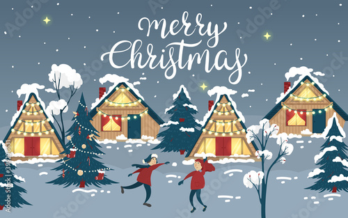 Merry Christmas. Night winter village with cheerful people and New Year's decorations © Hmarka