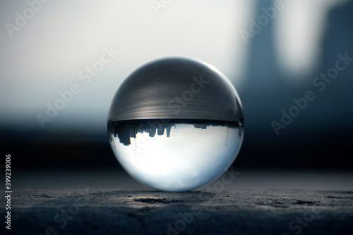 фотографія Street view through a lens ball.