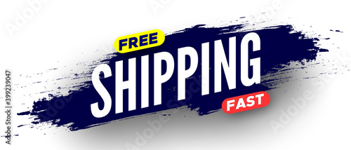 Free fast shipping banner with blue brush stroke. Vector illustration.
