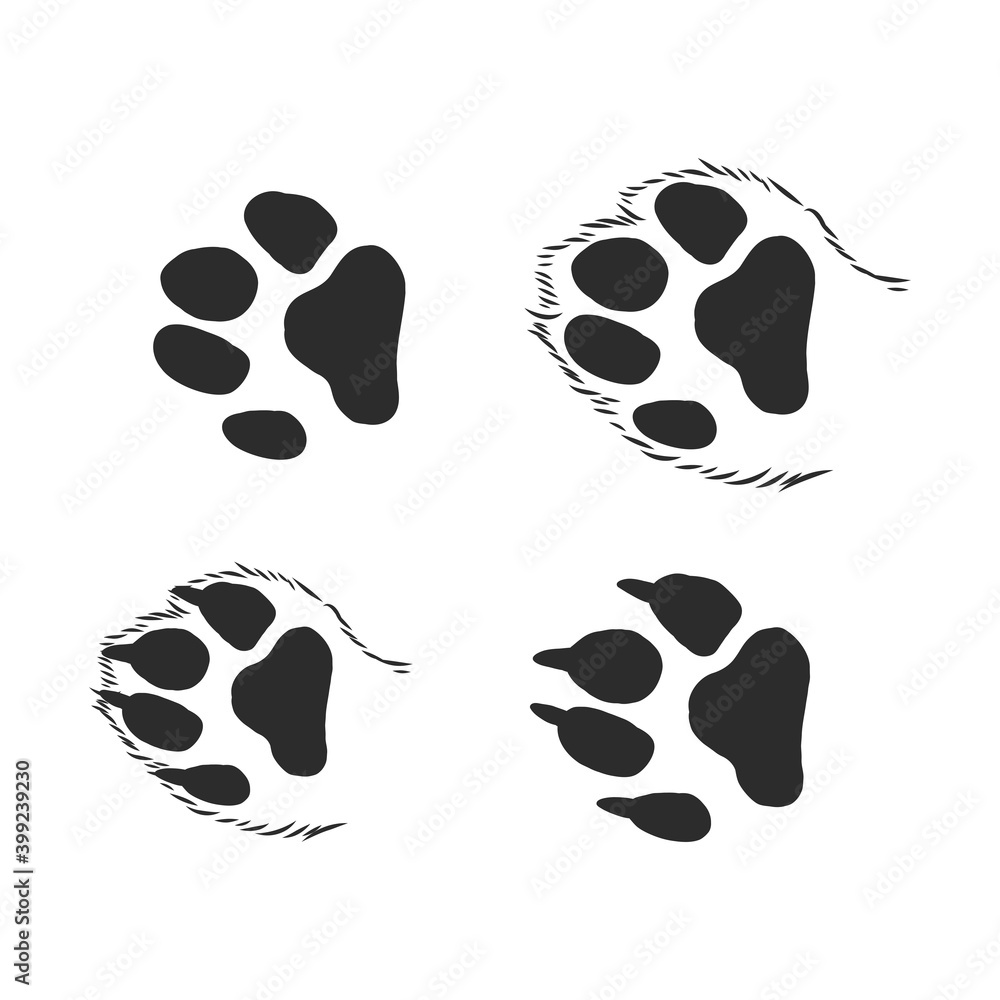 A set of dog's paws. Black traces in different styles. Isolated on white background. Silhouettes of paws. Vector illustration. cat paw trace, vector sketch illustration A set of dog's paws. Black traces in different styles. Isolated on white background. Silhouettes of paws. Vector illustration. cat paw trace, vector sketch illustration