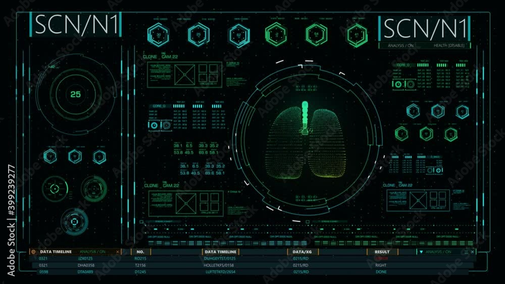 CGI holographic interface of 3d scan of human lungs rotating as data and numbers flickering on screen. Futuristic lungs scan concept CGI holographic interface of 3d scan of human lungs rotating as data and numbers flickering on screen. Futuristic lungs scan concept