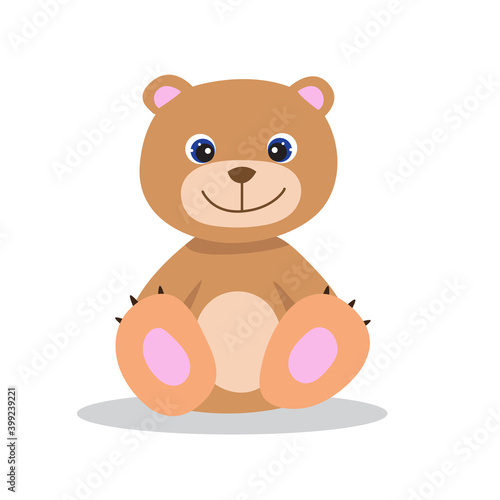 Smiling Teddy Bear, cute vector illustration in flat style. Positive cartoon print for kids and babies. Print for clothes, textile, books, gift wrap, cards, design and decor. Brown sitting baby bear