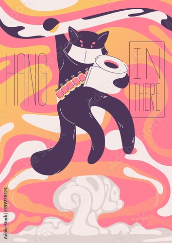 Motivation poster about 2020 year. Cat hanging on brunch with toilet paper. Hang in there lettering