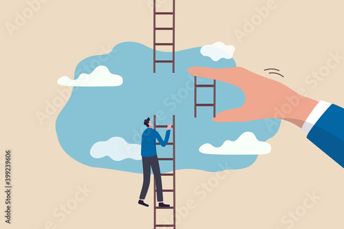 Helping hand, business support to reach career target or help to climb up ladder of success concept, businessman climbing up to top of broken ladder with huge helping hand to connect to reach higher.